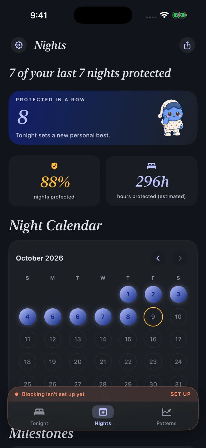 Nights screen detail showing an example streak, protected-night percentage, and estimated protected hours